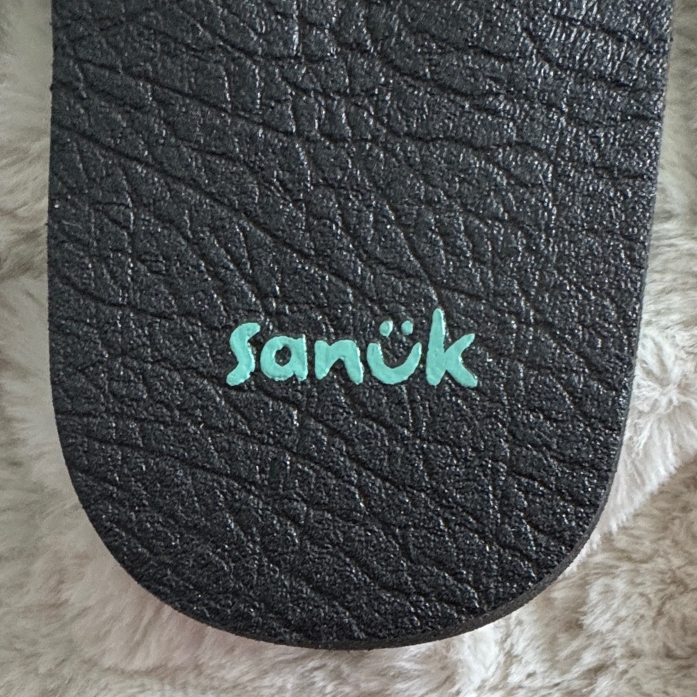 Sanuk Women’s Black Yoga Mat Flip Flops Turquoise Embroidered Floral NWOT 9 - Picture 3 of 4